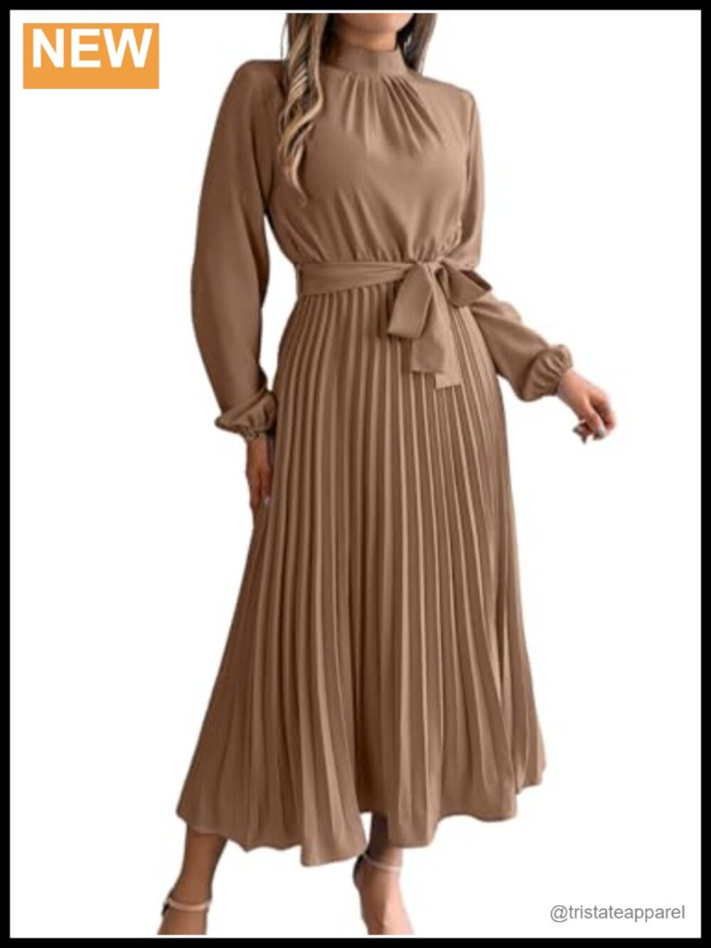 Modest Pleated Maxi Dress Long Sleeve Mock Neck Formal Church